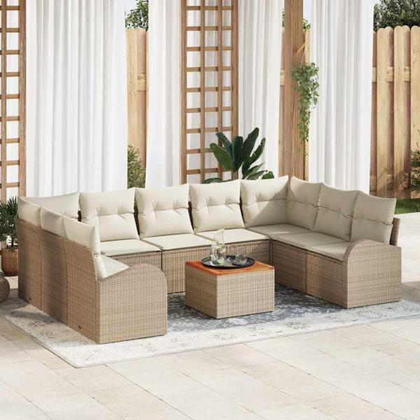 ARDEBO.de - 10-teiliges Garten Sofa Set mit Kissen Beige Poly Rattan Akazienholz