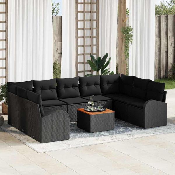 ARDEBO.de - 10-teiliges Gartensofa Set mit Kissen Schwarz Poly Rattan Akazie