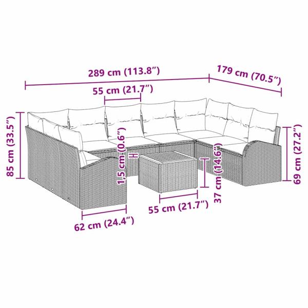 10-teiliges Gartensofa Set mit Kissen Schwarz Poly Rattan Akazie