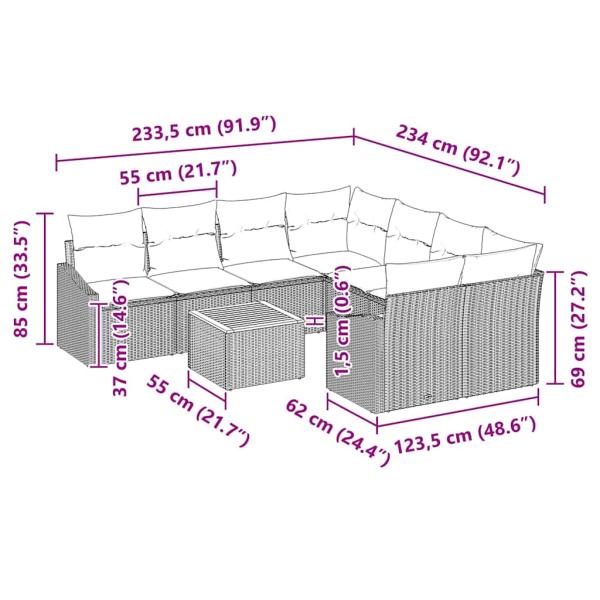 9-teiliges Garten-Sofa-Set mit Kissen Schwarz Polyrattan Akazie