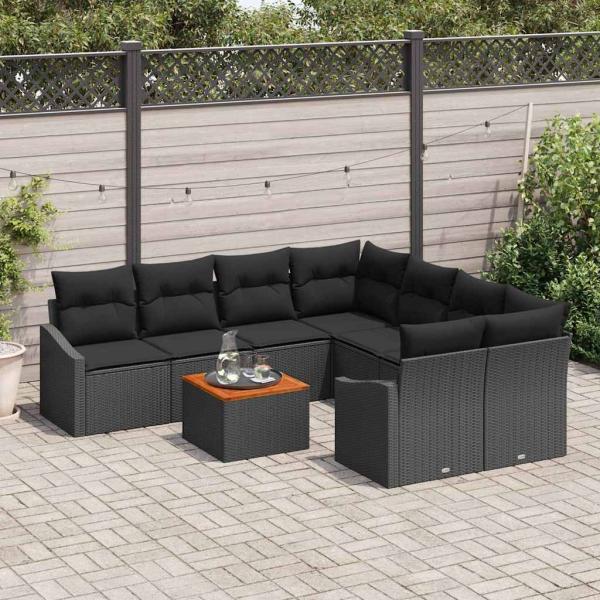 9-teiliges Garten-Sofa-Set mit Kissen Schwarz Polyrattan Akazie