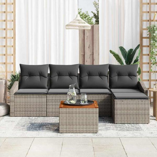 6-teiliges Garten-Sofaset mit Kissen Grau Poly-Rattan Akazie