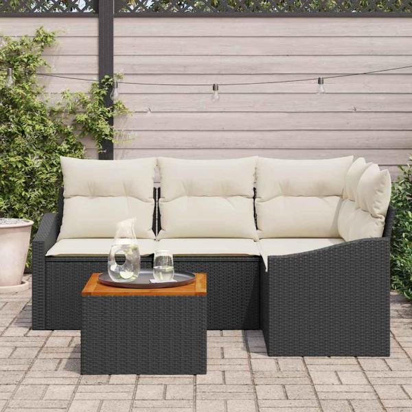 5-teiliges Garten-Sofa-Set mit Kissen Schwarz Poly-Rattan Akazie