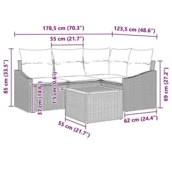 5-teilige Garten Sofa Set mit Kissen grau Poly Rattan Akazie
