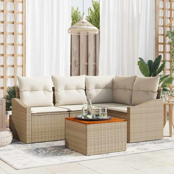 ARDEBO.de - 5-teiliges Garten Sofa Set mit Kissen in Beige aus Poly Rattan und Akazie