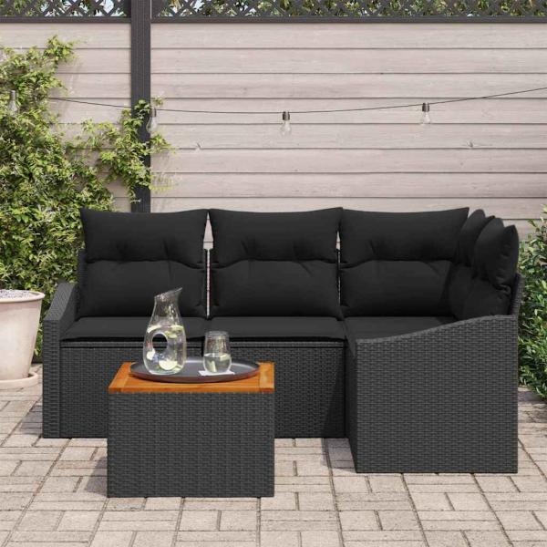 5-teiliges Garten Sofa Set mit Kissen Schwarz Poly-Rattan Akazie