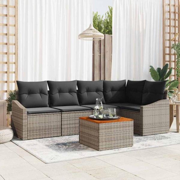 ARDEBO.de - 6-teiliges Garten Sofaset mit Kissen Grau Poly-Rattan Akazie