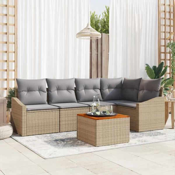 ARDEBO.de - 6-teiliges Garten-Sofa-Set mit Kissen Beige Poly Rattan Akazie