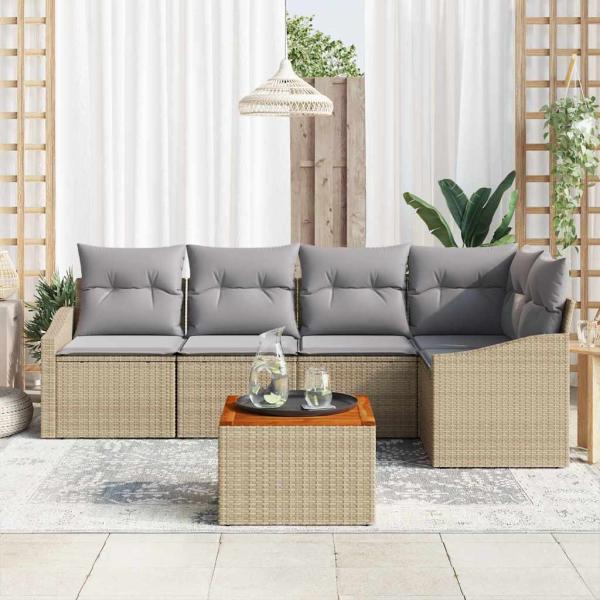 6-teiliges Garten-Sofa-Set mit Kissen Beige Poly Rattan Akazie