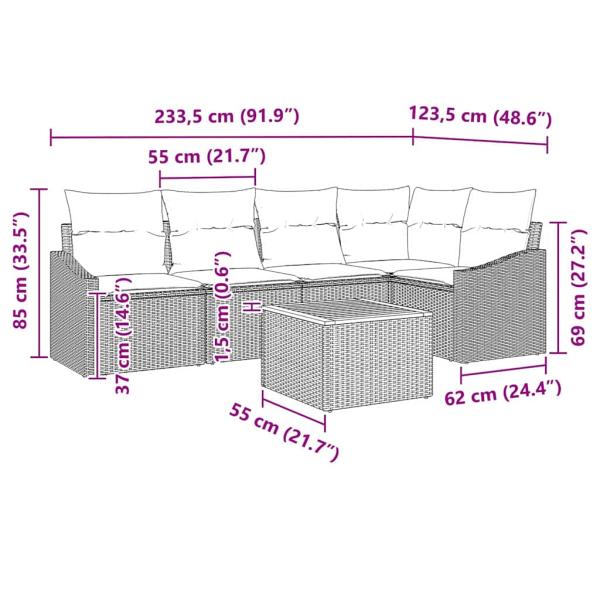 6-teiliges Garten Sofa Set mit Kissen Beige Poly Rattan Akazie