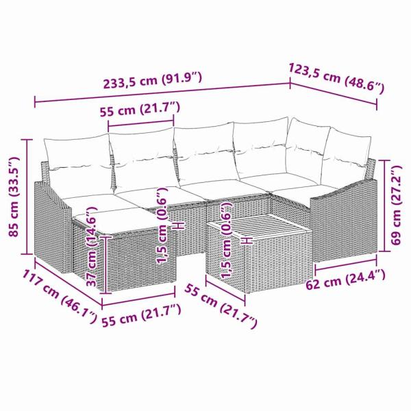 7-teiliges Garten Sofa Set mit Kissen Schwarz Poly Rattan Akazie