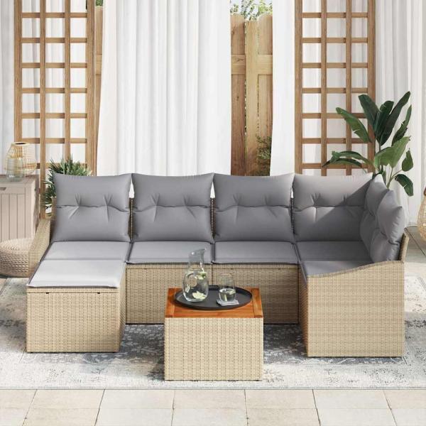 7-teiliges Gartensofa-Set mit Kissen Beige Poly Rattan Akazie