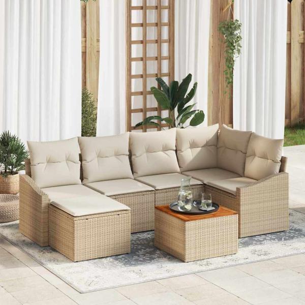 ARDEBO.de - 7-teiliges Garten-Sofa-Set mit Kissen Beige Poly-Rattan Akazie