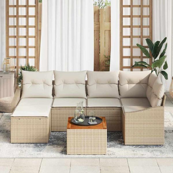 7-teiliges Garten-Sofa-Set mit Kissen Beige Poly-Rattan Akazie