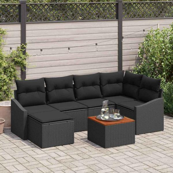 ARDEBO.de - 7-teiliges Garten Sofa Set mit Kissen Schwarz Poly Rattan Akazie