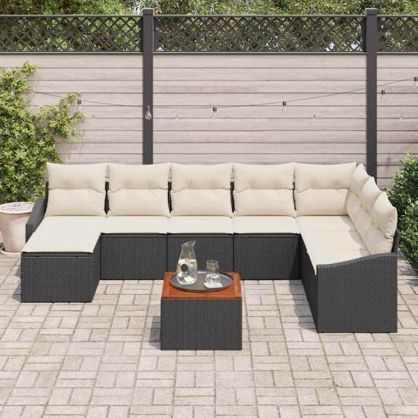 9-teiliges Garten Sofa Set mit Kissen Schwarz Poly Rattan Akazie