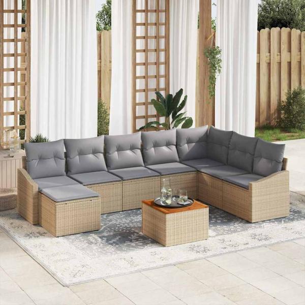 ARDEBO.de - 9-teiliges Garten Sofa Set mit Kissen Beige Poly Rattan Akazie