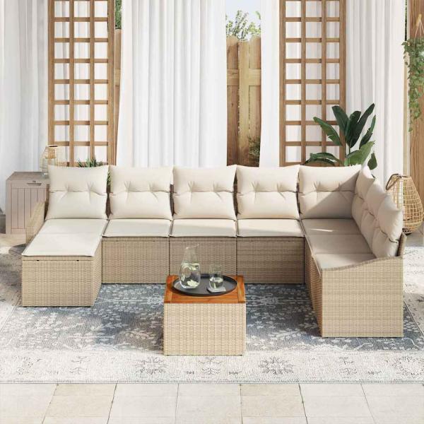 9-teiliges Garten Sofa Set mit Kissen Beige Poly Rattan Akazie