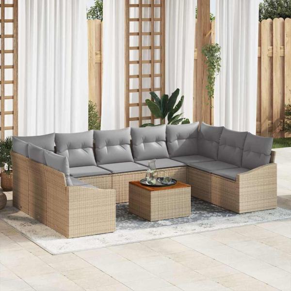 ARDEBO.de - 10-teiliges Garten-Sofa-Set mit Kissen Beige Poly-Rattan Akazie