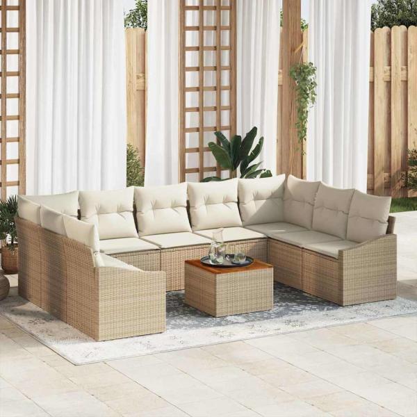 ARDEBO.de - 10-teiliges Garten Sofa Set mit Kissen Beige Poly Rattan Akazie
