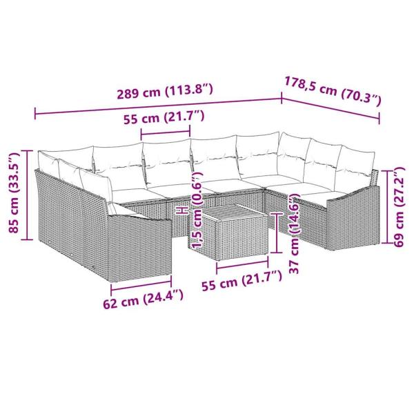 10-teiliges Garten Sofa Set mit Kissen Beige Poly Rattan Akazie
