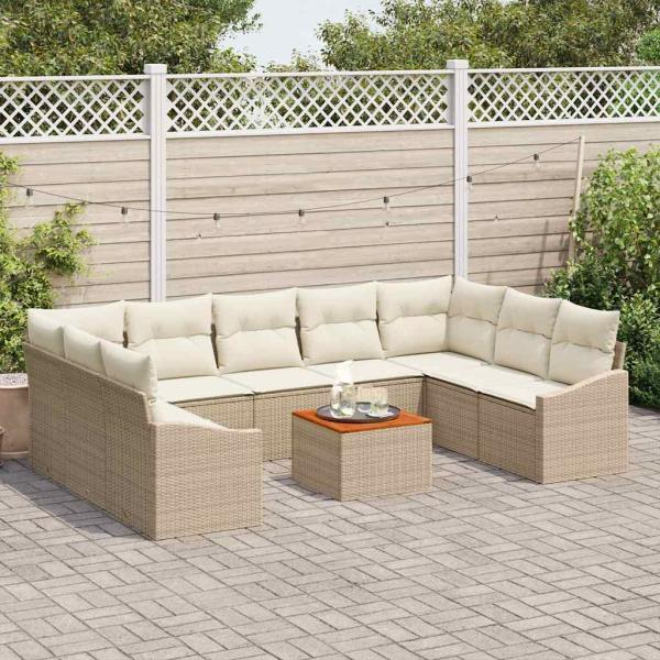 10-teiliges Garten Sofa Set mit Kissen Beige Poly Rattan Akazie