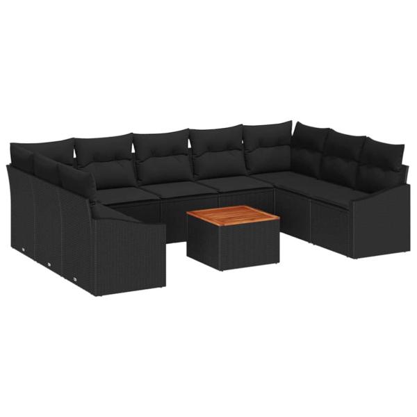 10-teiliges Garten-Sofa-Set mit Kissen Schwarz Poly Rattan Akazie