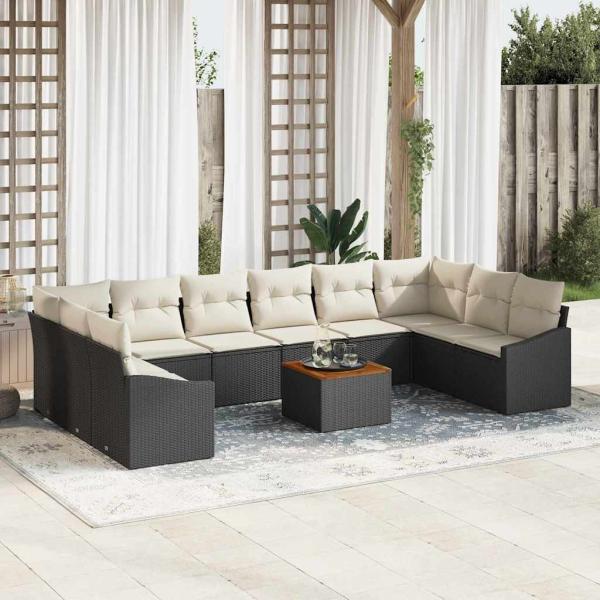 ARDEBO.de - 11-teiliges Garten Sofa Set mit Kissen Schwarz Poly Rattan Akazie