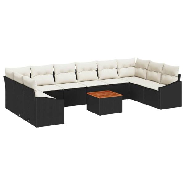 11-teiliges Garten Sofa Set mit Kissen Schwarz Poly Rattan Akazie