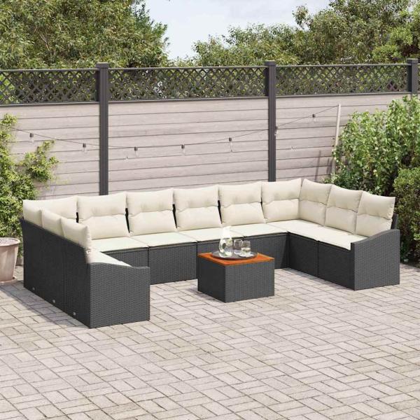 11-teiliges Garten Sofa Set mit Kissen Schwarz Poly Rattan Akazie