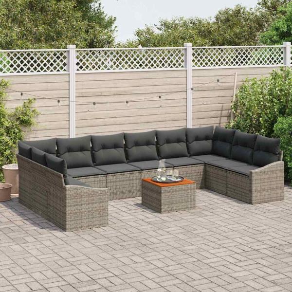 11-teiliges Garten Sofa Set mit Kissen Grau Poly Rattan Akazie