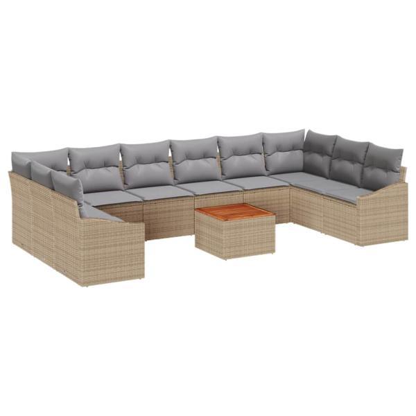 11-teiliges Garten-Sofa-Set mit Kissen Beige Poly Rattan Akazie