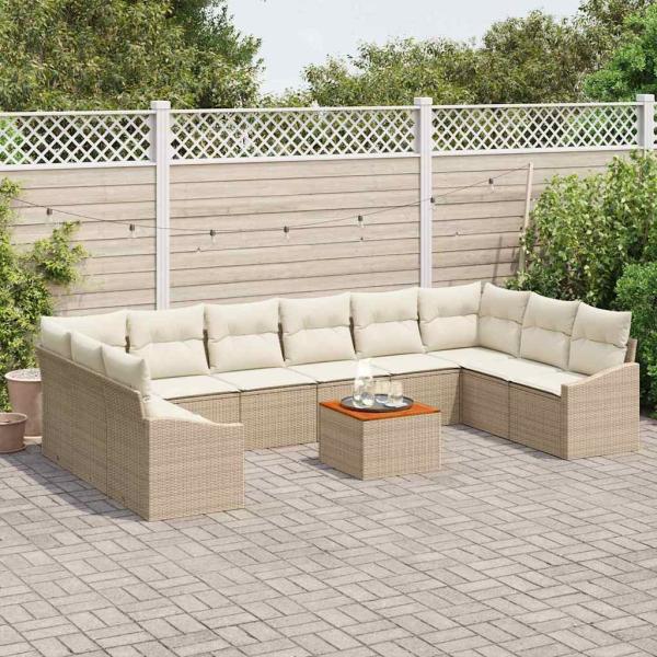 11-teiliges Garten-Sofa-Set mit Kissen Beige Poly-Rattan Akazie