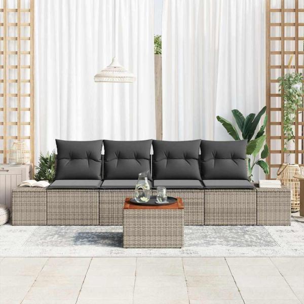 5-teiliges Garten Sofa Set mit Kissen Grau Poly Rattan Akazie