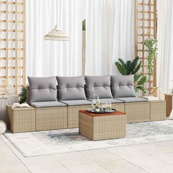ARDEBO.de - 5-teiliges Garten Sofa Set mit Kissen Beige Poly Rattan Akazie