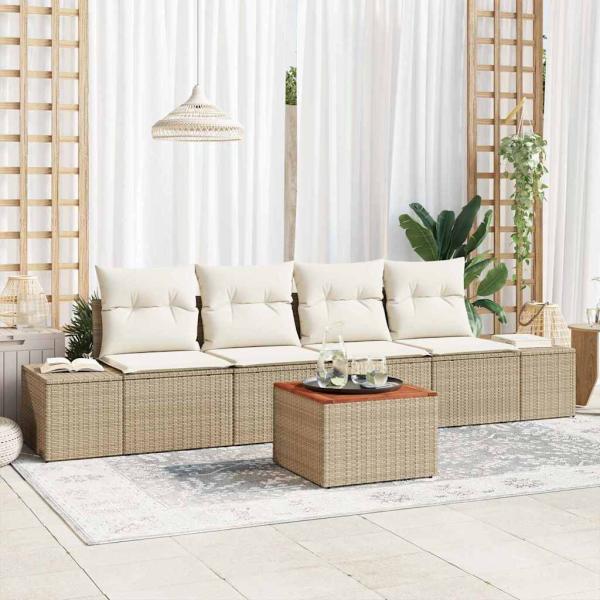 ARDEBO.de - 5-teiliges Garten Sofa Set mit Kissen Beige Poly Rattan Akazie