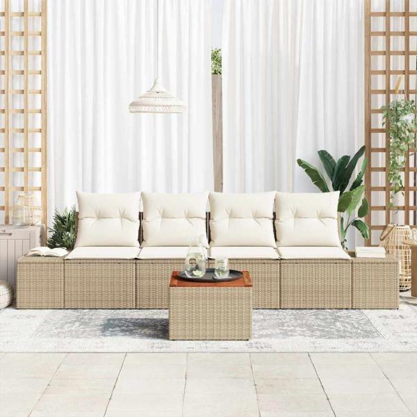 5-teiliges Garten Sofa Set mit Kissen Beige Poly Rattan Akazie