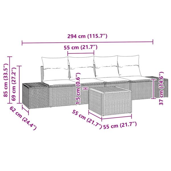 5-teiliges Garten-Sofa-Set mit Kissen Schwarz Poly-Rattan Akazie