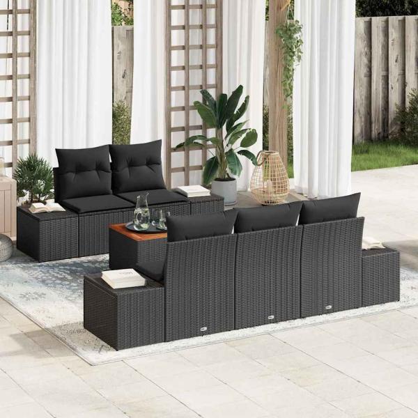 ARDEBO.de - 6-teiliges Garten Sofa Set mit Kissen Schwarz Poly Rattan Akazie