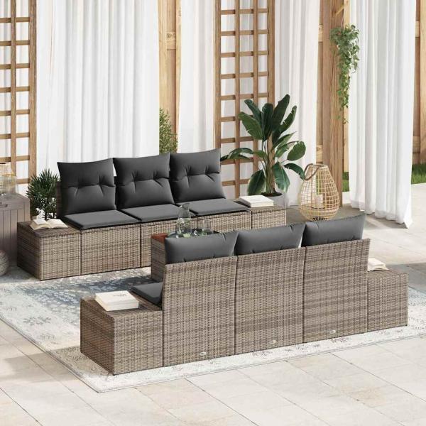 ARDEBO.de - 7-teilige Garten Sofaset mit Kissen Grau Poly Rattan Akazie