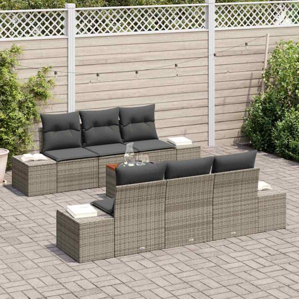 7-teilige Garten Sofaset mit Kissen Grau Poly Rattan Akazie