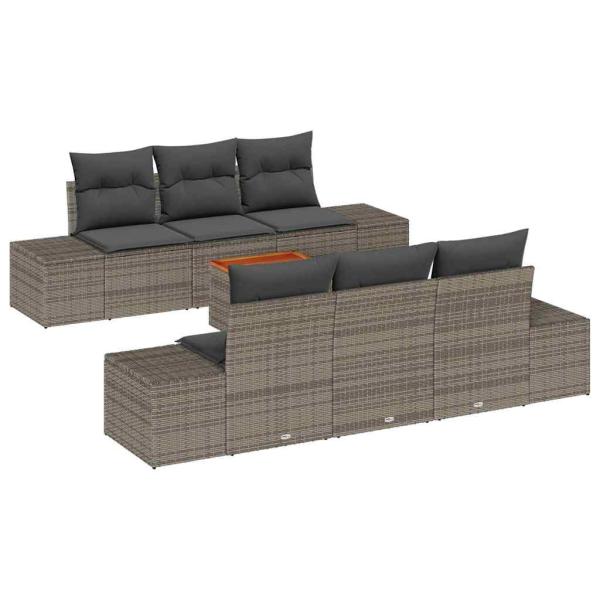 7-teilige Garten Sofaset mit Kissen Grau Poly Rattan Akazie
