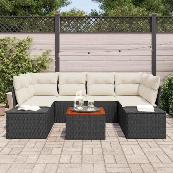 7-teiliges Garten Sofa Set mit Kissen Schwarz Poly Rattan Akazie