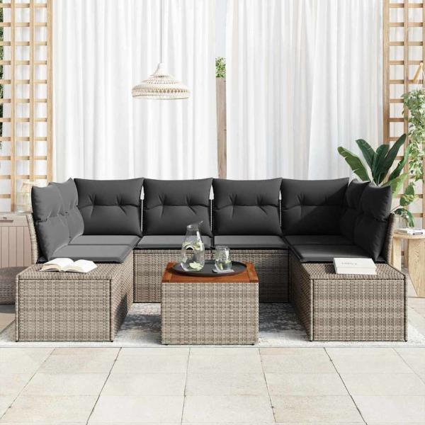 7-teiliges Garten-Sofa-Set mit Kissen Grau Poly-Rattan Akazie