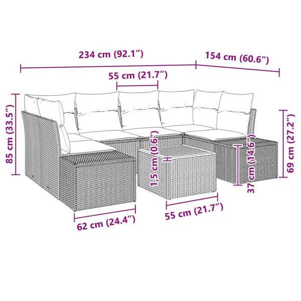 7-teiliges Garten Sofa Set mit Kissen Beige Poly Rattan Akazie