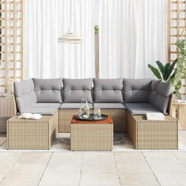 7-teiliges Garten Sofa Set mit Kissen Beige Poly Rattan Akazie