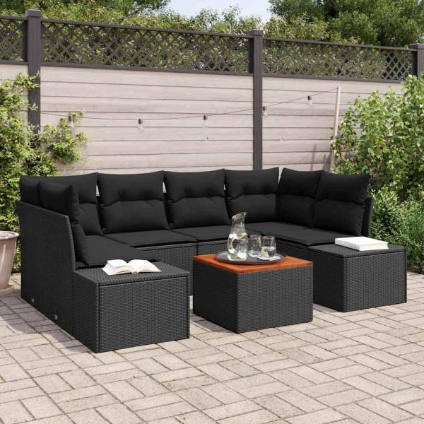 ARDEBO.de - 7-teiliges Garten Sofa Set mit Kissen Schwarz Poly Rattan Akazie