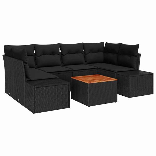 7-teiliges Garten Sofa Set mit Kissen Schwarz Poly Rattan Akazie