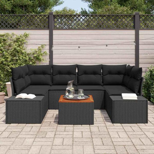 7-teiliges Garten Sofa Set mit Kissen Schwarz Poly Rattan Akazie