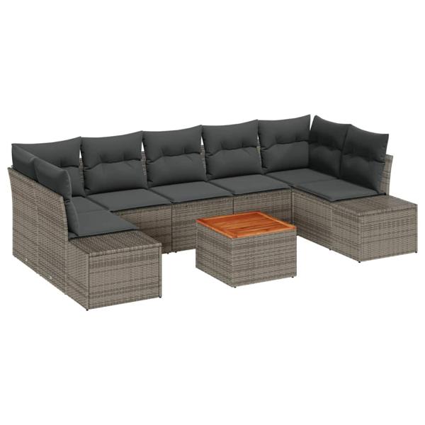 8-teiliges Garten Sofa Set mit Kissen Grau Poly Rattan Akazie